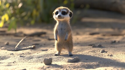 Fototapeta premium 42. **3D render of a tiny baby meerkat standing upright with a curious gaze
