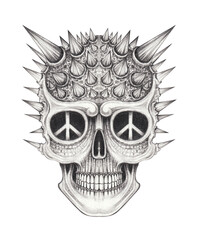 Fototapeta premium Punk skull tattoo surreal art hand drawing on paper.