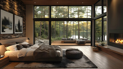 Cozy bedroom with large windows overlooking a serene lakeside forest.