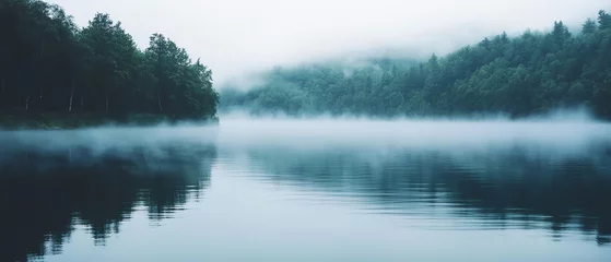 Calm lake with fog rolling over the water