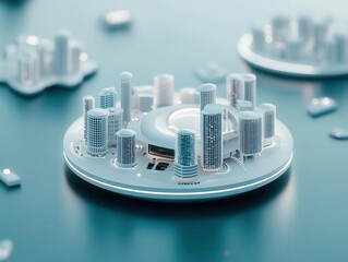 Aerial view of a futuristic city with advanced engineering concepts, floating buildings, and innovative structural designs