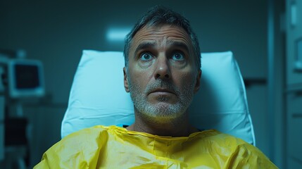 A worried man in medical attire sits nervously in a hospital setting, evoking a sense of concern and anticipation.