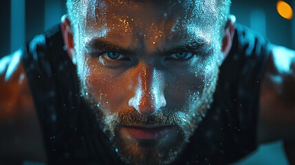 Close-up of a determined athlete in a dramatic setting, showcasing focus, intensity, and physical effort with sweat glistening.