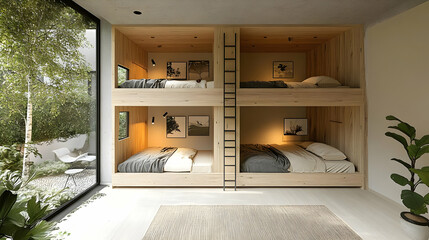 Cozy bunk beds in a modern interior with natural light and greenery.