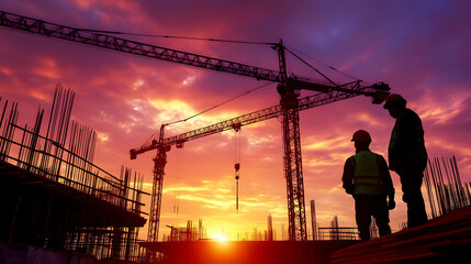 The outlines of cranes and workers are backlit by a stunning sunrise, creating a striking image of construction in motion and the dawn of new possibilities