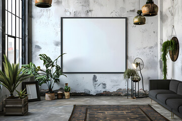 Mock up frame in hipster interior background. 3D illustrating. Generative Ai.