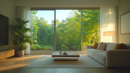 Fototapeta premium Modern Living Room with Large Window and View of Green Trees.