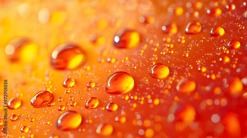 Poster close-up view of orange droplets on a vibrant background, showcasing texture and color detail in a r