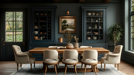 Cozy dining room with a wooden table, elegant chairs, and decorative shelves.