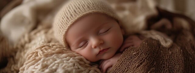 A peaceful sleeping baby wrapped in cozy knit blankets at home during a quiet afternoon