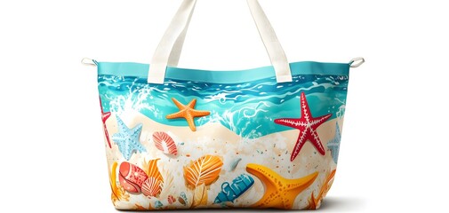 Colorful beach bag featuring ocean theme with seashells and starfish, perfect for summer outings and beach trips.