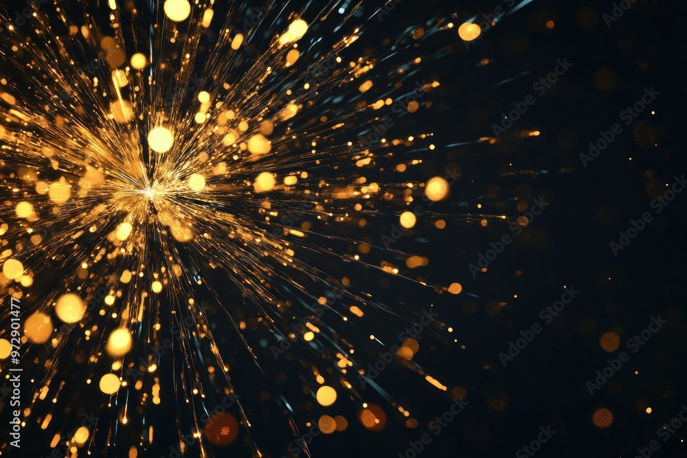 Poster golden sparkles emanating from a central point in a dark background