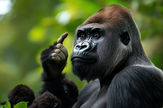 A silverback gorilla sitting in the jungle, watching over his family with an air of calm authority and strength