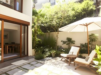 Fototapeta premium Modern Patio with White Umbrella and Lush Greenery