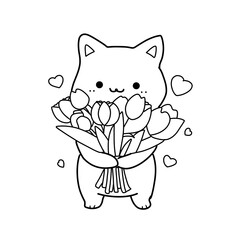 Coloring page outline of cartoon cat with flower coloring book for kids