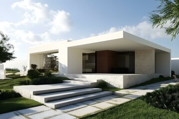 Modern Minimalist House Design with Concrete Stairs and Lush Greenery
