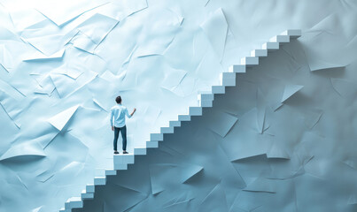 A man stands on a white staircase