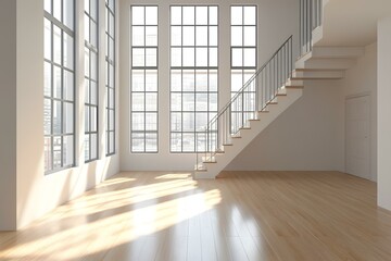Obraz premium Modern Minimalist Interior Design Staircase and Large Windows