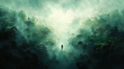 Fototapeta premium Lone Wanderer in Dense Wilderness, a traditional Chinese brush painting depicting a solitary figure amidst thick foliage, emphasizing themes of isolation and nature's vastness.