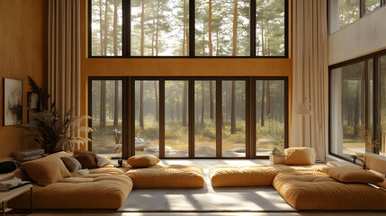 Cozy interior with large windows showcasing a serene forest view.