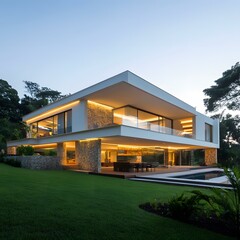 Modern Architecture House with Swimming Pool at Dusk