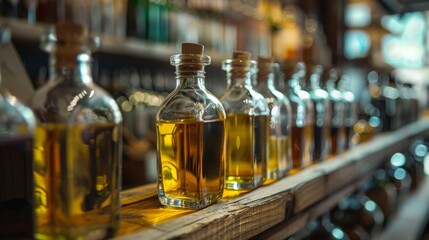 Glass bottles filled with oil lined up on a wooden shelf in a cozy atmosphere