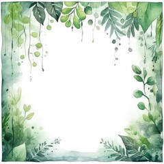 Fototapeta premium Serene Green Nature Background with Lush Foliage and Soft Mist. Rainy Spring Watercolor Frame Scene. Eco Concept and Tranquil Design