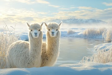 Fototapeta premium Two White Alpaca Standing in a Snowy Landscape