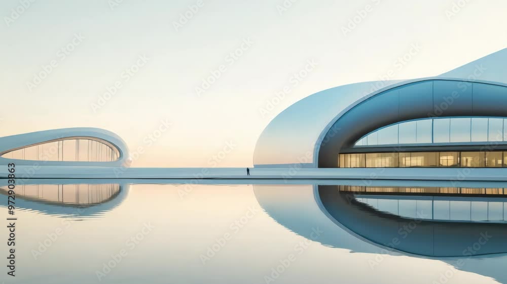 Poster futuristic architectural design of a sleek white building with smooth curves and reflections on wate