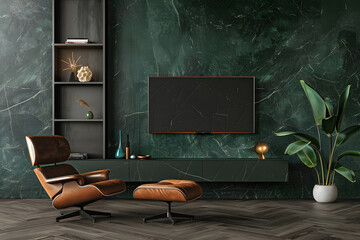 Mockup a cabinet TV wall mounted with armchair in minimal style 3D render mockup. Generative Ai.