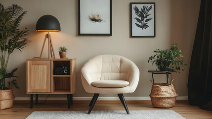 Cozy living room featuring modern furniture, plants, and artwork for relaxation.