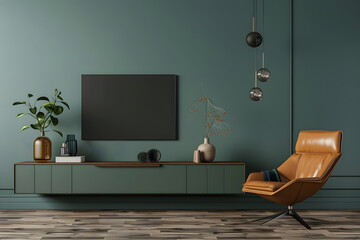 Mockup a cabinet TV wall mounted with armchair in minimal style 3D render mockup. Generative Ai.