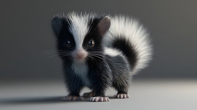 48. **3D render of a baby skunk with a fluffy tail and gentle eyes