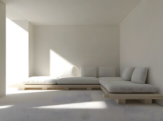 Minimalist White Sofa With Wooden Frame In Modern Living Room