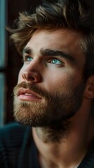 Fototapeta premium Close-up portrait of a young man with blue eyes and a beard, looking up thoughtfully.