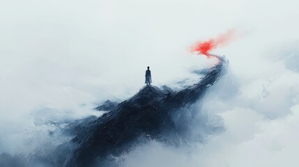 Wilderness Survival Journey, A Chinese brush painting depicting a man battling fierce wind and rain, intricate strokes capture the struggle against nature's elements, open space invites reflection.