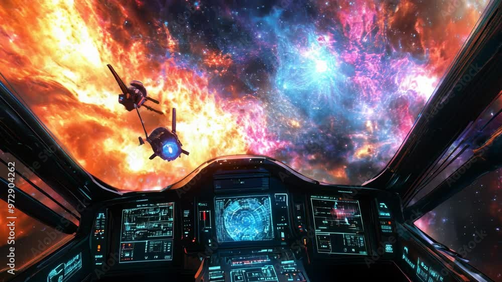 Poster view from the cabin of a spaceship of bright galaxies and nebulae.