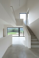 Fototapeta premium Modern Minimalist Home Interior Design With Concrete Staircase And Large Window