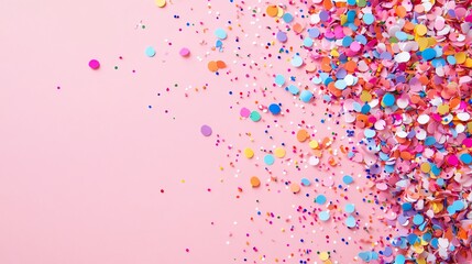 Fototapeta premium Colorful confetti scattered on a pink background.