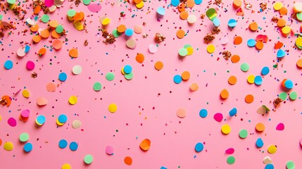 Colorful confetti scattered on a pink background.