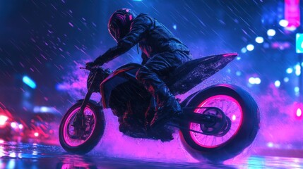 Motorcycle Rider in the City at Night