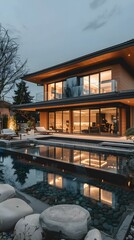Fototapeta premium Modern Minimalist House with Pool and Stone Garden