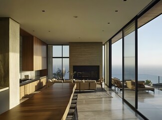 Modern Home Interior With Ocean View And Fireplace