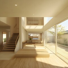 Obraz premium Modern Minimalist Home Interior Design with Wooden Stairs and Large Windows