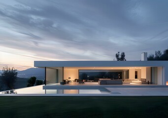 Fototapeta premium Modern Minimalist House with Infinity Pool and Mountain View at Dusk