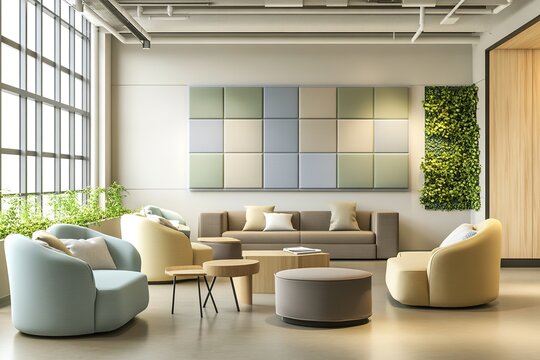 Modern office lounge area with sofas and green wall
