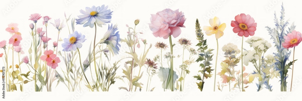 Poster watercolor abstract flowers meadow, web banner format