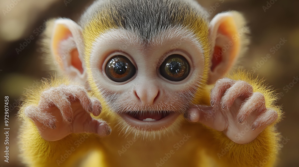Aufkleber 33. **3d render of a playful baby squirrel monkey with expressive eyes and tiny hands