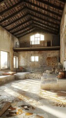 Rustic Bathhouse with Stonework and Sunbeams.