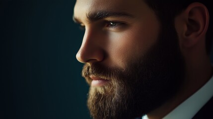 Obraz premium A close-up portrait of a man with a well-groomed beard, dressed in formal attire, showcasing a contemplative expression indoors